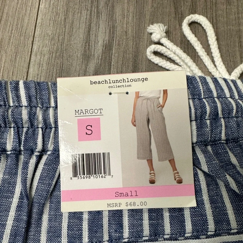 Beachlunchlounge Margot Striped Wide Leg Crop Pants Blue White Size Small NEW